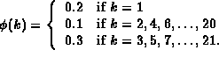 theta(k) = {0.2 if k=1,  0.1 if k=2,4,6,...,20,  0.3 if k=3,5,7,...,21.