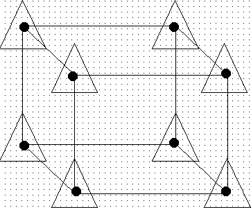 Diagram showing process space of a 2^3 full factorial with the
three component simplex legion at each point of the full factorial